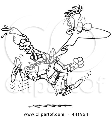 Royalty-Free (RF) Clip Art Illustration of a Cartoon Black And White Outline Design Of A Late Businessman Spilling Coffee And Running In His Boxers by toonaday