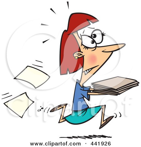 Royalty-Free (RF) Clip Art Illustration of a Cartoon Businesswoman Running With Late Files by toonaday