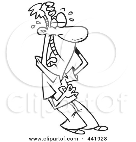 Royalty-Free (RF) Clip Art Illustration of a Cartoon Black And White Outline Design Of A Man Laughing And Holding His Belly by toonaday