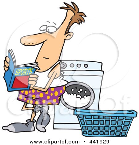 Royalty-Free (RF) Clip Art Illustration of a Cartoon Man Reading A Sports Magazine At A Laundromat by toonaday