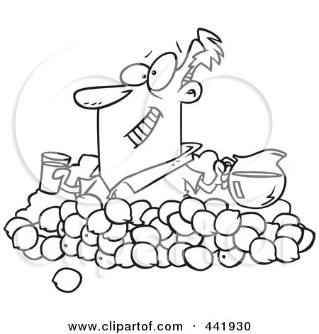 Royalty-Free (RF) Clip Art Illustration of a Cartoon Black And White Outline Design Of A Man Making Lemonade by toonaday