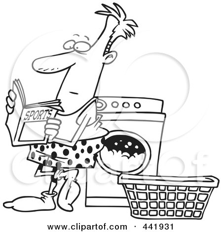 Royalty-Free (RF) Clip Art Illustration of a Cartoon Black And White Outline Design Of A Man Reading A Sports Magazine At A Laundromat by toonaday