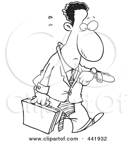 Royalty-Free (RF) Clip Art Illustration of a Cartoon Black And White Outline Design Of A Stressed And Late Black Businessman by toonaday