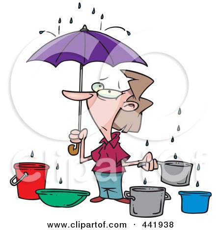 Royalty-Free (RF) Clip Art Illustration of a Cartoon Woman Catching Water From Leaks by toonaday
