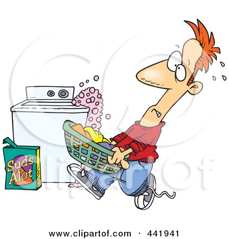 Royalty-Free (RF) Clip Art Illustration of a Cartoon Man Carrying A Basket Of Laundry By An Overflowing Washing Machine by toonaday