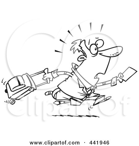 Royalty-Free (RF) Clip Art Illustration of a Cartoon Black And White Outline Design Of A Businessman Running Late For A Flight by toonaday
