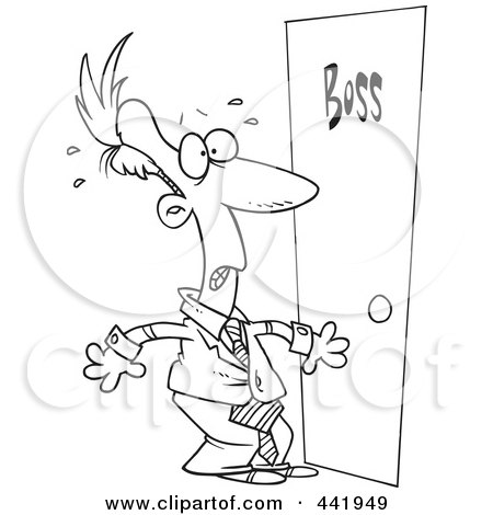 Royalty-Free (RF) Clip Art Illustration of a Cartoon Black And White Outline Design Of A Leary Businessman By A Door by toonaday