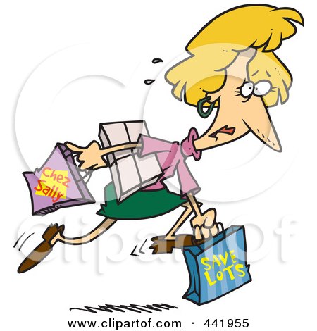 Royalty-Free (RF) Clip Art Illustration of a Cartoon Late Woman Carrying Shopping Bags by toonaday