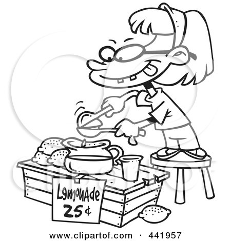 Royalty-Free (RF) Clip Art Illustration of a Cartoon Black And White Outline Design Of A Little Girl Making Lemonade by toonaday