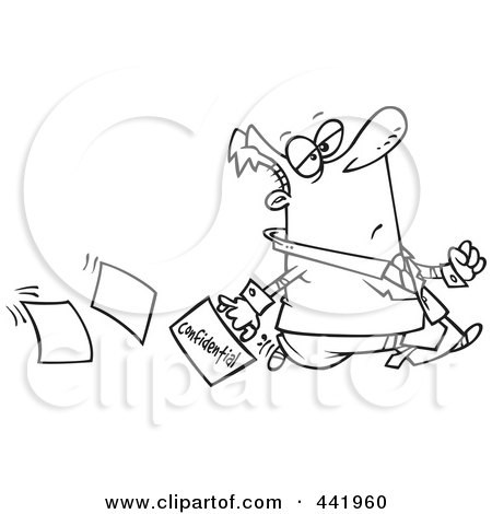 Royalty-Free (RF) Clip Art Illustration of a Cartoon Black And White Outline Design Of A Lax Businessman Dropping Confidential Paperwork by toonaday