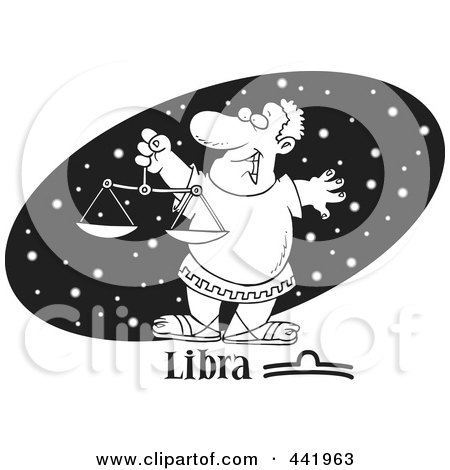 Royalty-Free (RF) Clip Art Illustration of a Cartoon Black And White Outline Design Of An Astrology Libra Man Over A Black Starry Oval by toonaday