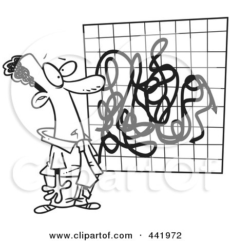 Royalty-Free (RF) Clip Art Illustration of a Cartoon Black And White Outline Design Of A Black Businessman With A Messy Chart by toonaday