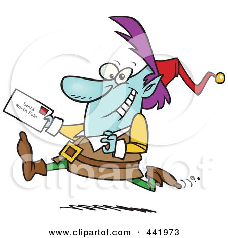 Royalty-Free (RF) Clip Art Illustration of a Cartoon Christmas Elf Running With A Letter For Santa by toonaday