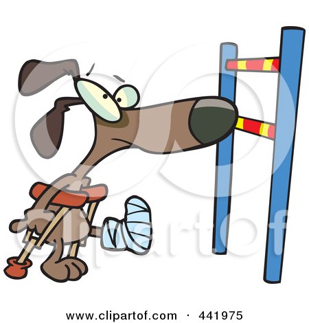 Royalty-Free (RF) Clip Art Illustration of a Cartoon Dog With A Broken Leg, Approaching A Hurdle by toonaday