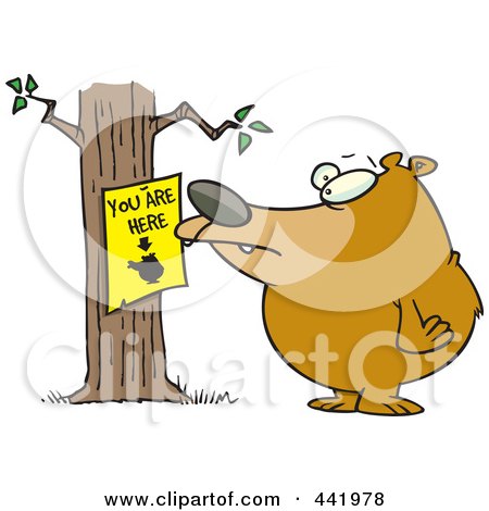 Royalty-Free (RF) Clip Art Illustration of a Cartoon Bear Staring At A You Are Here Sign by toonaday