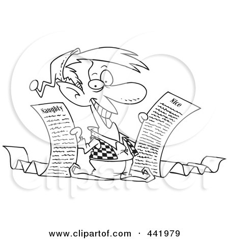 Royalty-Free (RF) Clip Art Illustration of a Cartoon Black And White Outline Design Of A Christmas Elf Holding Naughty And Nice Lists by toonaday