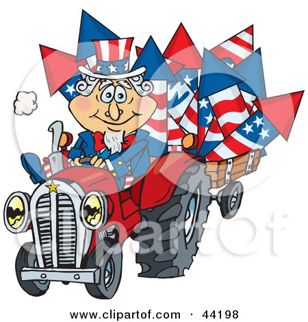Clipart Illustration of an American Uncle Sam Driving A Tractor And Hauling Fireworks In A Trailer by Dennis Holmes Designs