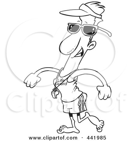 Royalty-Free (RF) Clip Art Illustration of a Cartoon Black And White Outline Design Of A Lifeguard Walking by toonaday