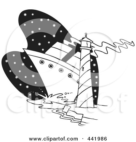 Royalty-Free (RF) Clip Art Illustration of a Cartoon Black And White Outline Design Of A Big Ship Near A Light House by toonaday