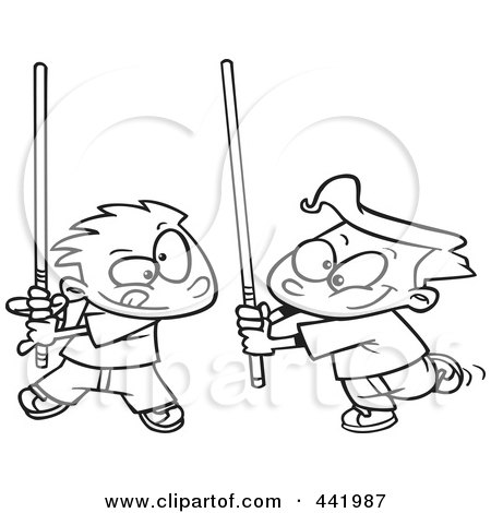 Royalty-Free (RF) Clip Art Illustration of a Cartoon Black And White Outline Design Of Boys Playing With Light Sabres by toonaday