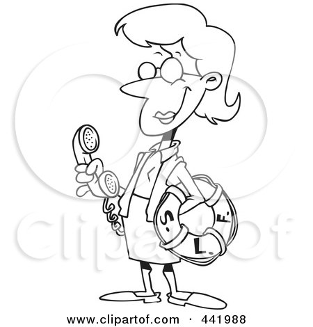 Royalty-Free (RF) Clip Art Illustration of a Cartoon Black And White Outline Design Of A Female Librarian Holding A Life Buoy by toonaday