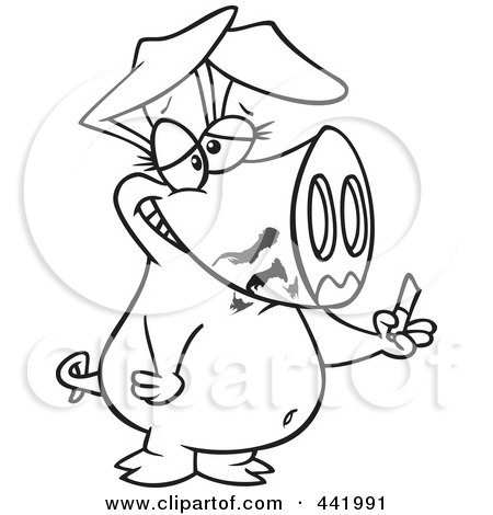 Royalty-Free (RF) Clip Art Illustration of a Cartoon Black And White Outline Design Of A Pig Smearing On Lipstick by toonaday