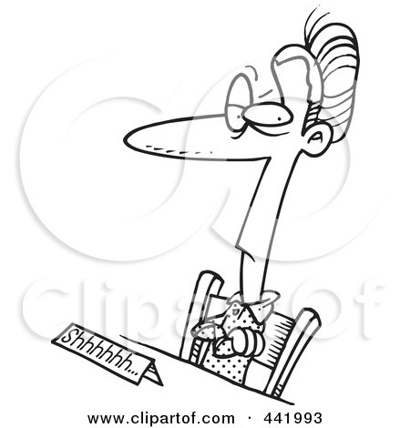 Royalty-Free (RF) Clip Art Illustration of a Cartoon Black And White Outline Design Of A Female Librarian Sitting At A Desk by toonaday