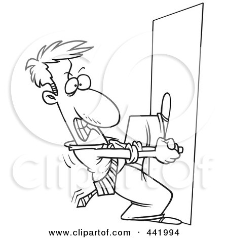 Royalty-Free (RF) Clip Art Illustration of a Cartoon Black And White Outline Design Of A Locked Out Businessman Trying To Open A Door by toonaday