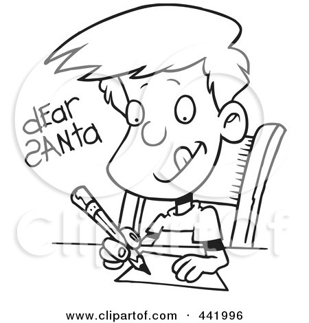 Royalty-Free (RF) Clip Art Illustration of a Cartoon Black And White Outline Design Of A Boy Writing A Dear Santa Letter by toonaday