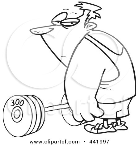 Royalty-Free (RF) Clip Art Illustration of a Cartoon Black And White Outline Design Of A Man Standing By A Barbell by toonaday