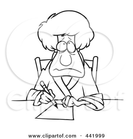 Royalty-Free (RF) Clip Art Illustration of a Cartoon Black And White Outline Design Of A Depressed Woman Writing A Letter by toonaday