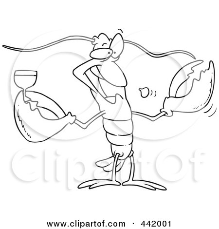 Royalty-Free (RF) Clip Art Illustration of a Cartoon Black And White Outline Design Of A Lobster Drinking Wine by toonaday