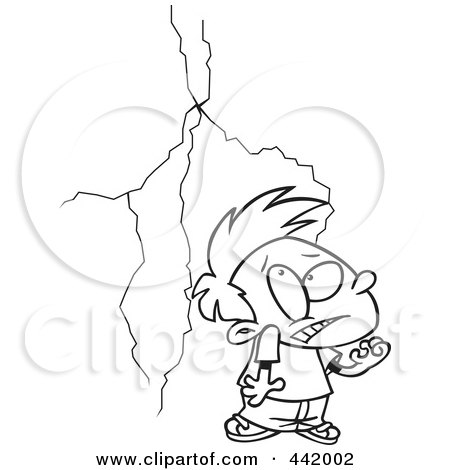 Royalty-Free (RF) Clip Art Illustration of a Cartoon Black And White Outline Design Of A Boy Afraid Of Lightning by toonaday