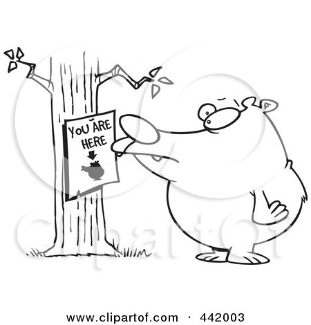Royalty-Free (RF) Clip Art Illustration of a Cartoon Black And White Outline Design Of A Bear Staring At A You Are Here Sign by toonaday
