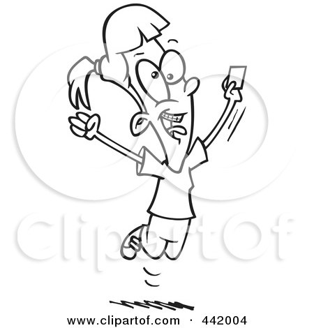 Royalty-Free (RF) Clip Art Illustration of a Cartoon Black And White Outline Design Of A Happy Girl Holding A License by toonaday