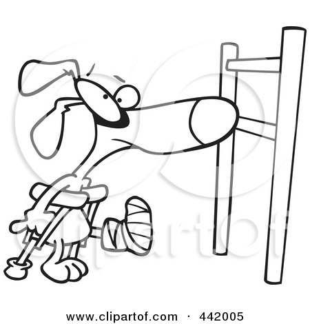 Royalty-Free (RF) Clip Art Illustration of a Cartoon Black And White Outline Design Of A Dog With A Broken Leg, Approaching A Hurdle by toonaday