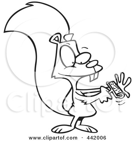 Royalty-Free (RF) Clip Art Illustration of a Cartoon Black And White Outline Design Of A Squirrel Using A Lint Brush by toonaday