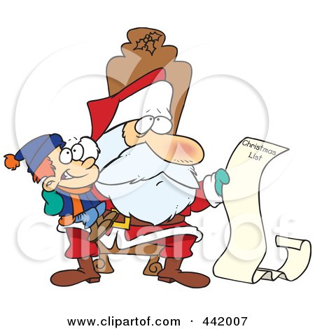Royalty-Free (RF) Clip Art Illustration of a Cartoon Santa Reading A Boy's Long Christmas List by toonaday