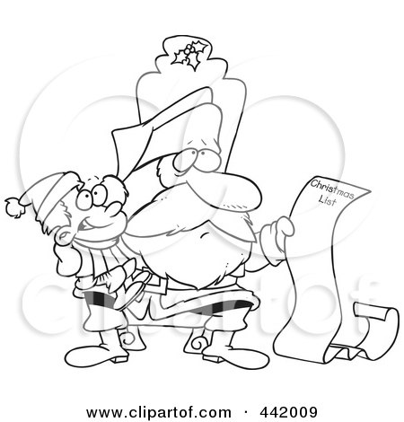 Royalty-Free (RF) Clip Art Illustration of a Cartoon Black And White Outline Design Of Santa Reading A Boy's Long Christmas List by toonaday