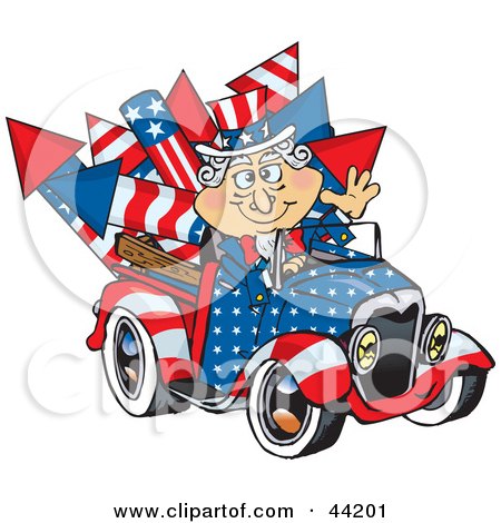 Clipart Illustration of an American Uncle Sam Driving A Ute With Rockets In The Back by Dennis Holmes Designs