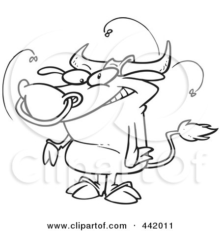 Royalty-Free (RF) Clip Art Illustration of a Cartoon Black And White Outline Design Of A Stinky Bull by toonaday