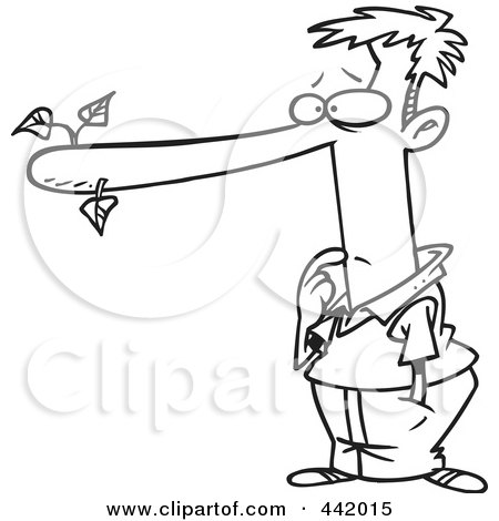 Royalty-Free (RF) Clip Art Illustration of a Cartoon Black And White Outline Design Of A Male Liar With A Long Nose by toonaday