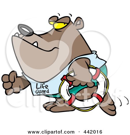 Royalty-Free (RF) Clip Art Illustration of a Cartoon Lifeguard Bear Carrying A Life Buoy by toonaday