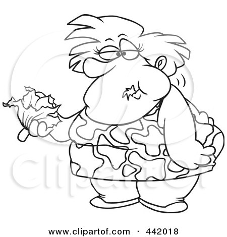 Royalty-Free (RF) Clip Art Illustration of a Cartoon Black And White Outline Design Of A Fat Woman Eating A Head Of Lettuce by toonaday