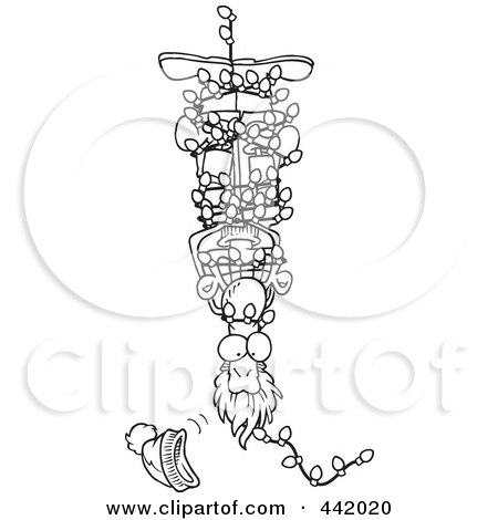 Royalty-Free (RF) Clip Art Illustration of a Cartoon Black And White Outline Design Of A Man Hanging Upside Down And Tangled In Christmas Lights by toonaday