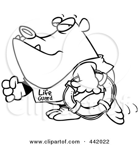 Royalty-Free (RF) Clip Art Illustration of a Cartoon Black And White Outline Design Of A Lifeguard Bear Carrying A Life Buoy by toonaday