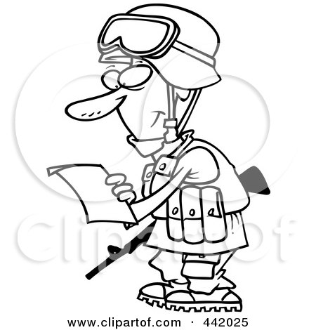 Royalty-Free (RF) Clip Art Illustration of a Cartoon Black And White Outline Design Of A Soldier Reading A Letter by toonaday