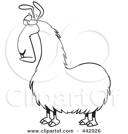 Royalty-Free (RF) Clip Art Illustration of a Cartoon Black And White Outline Design Of A Bored Llama by toonaday