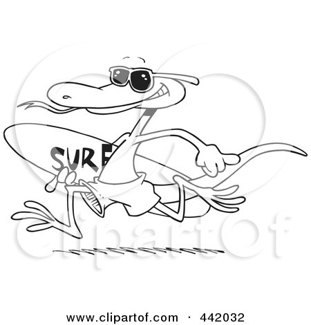Royalty-Free (RF) Clip Art Illustration of a Cartoon Black And White Outline Design Of A Surfing Lizard by toonaday