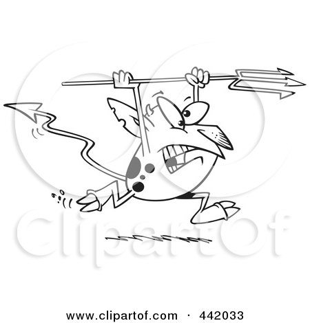 Royalty-Free (RF) Clip Art Illustration of a Cartoon Black And White Outline Design Of A Devil Running With A Trident by toonaday